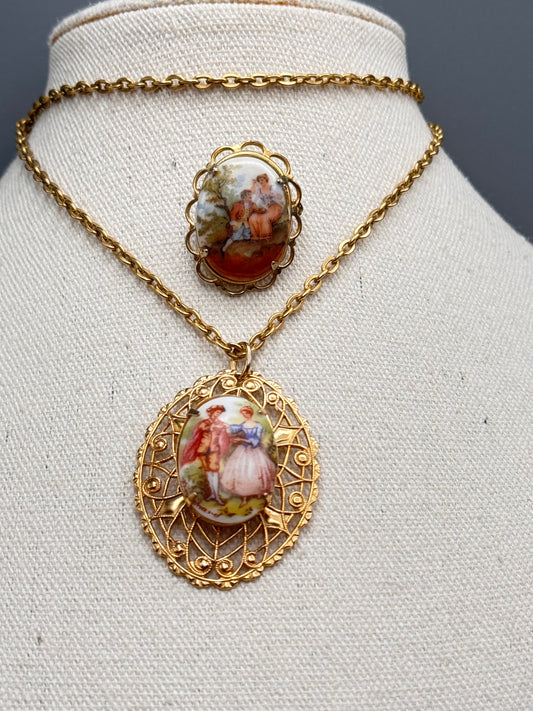 Vintage Goldtone Fragonard Lovers Scene Pendant Necklace & Brooch Set