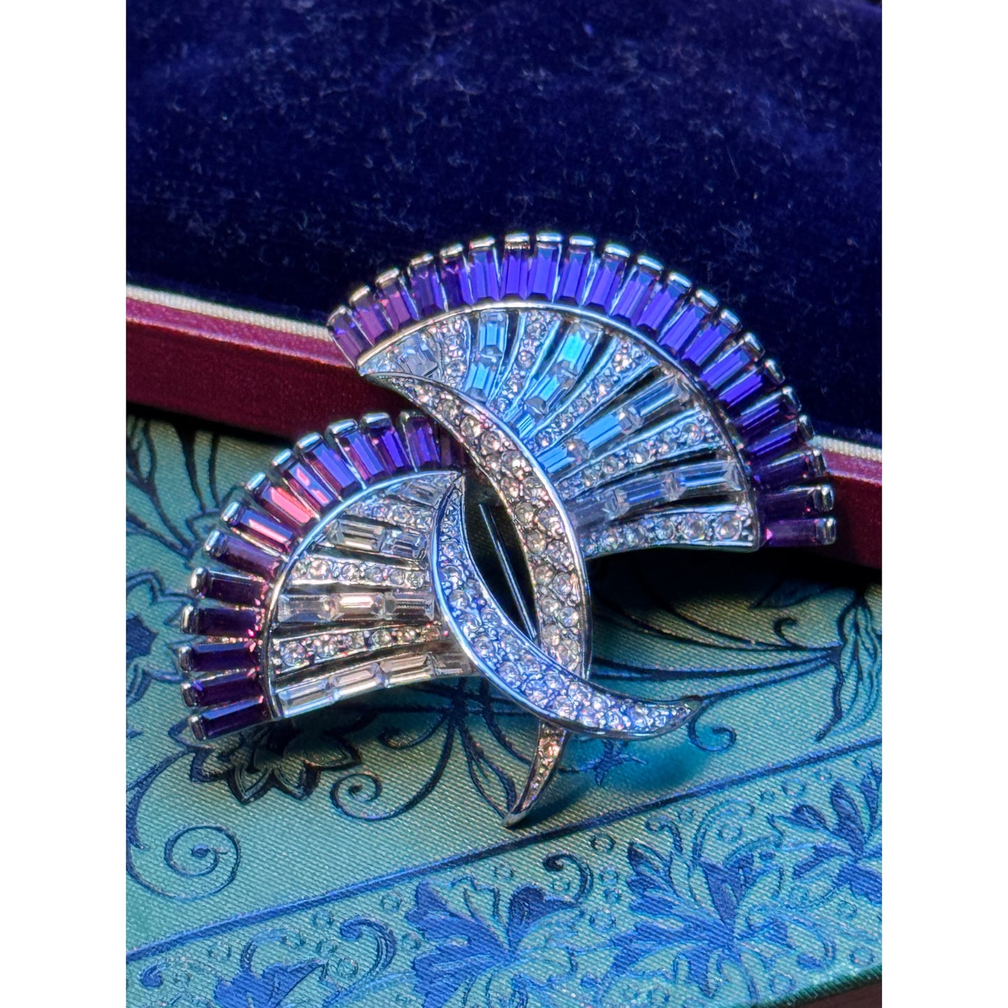Vintage Blue Rhinestone Brooch Floral Ribbon Bow Statement