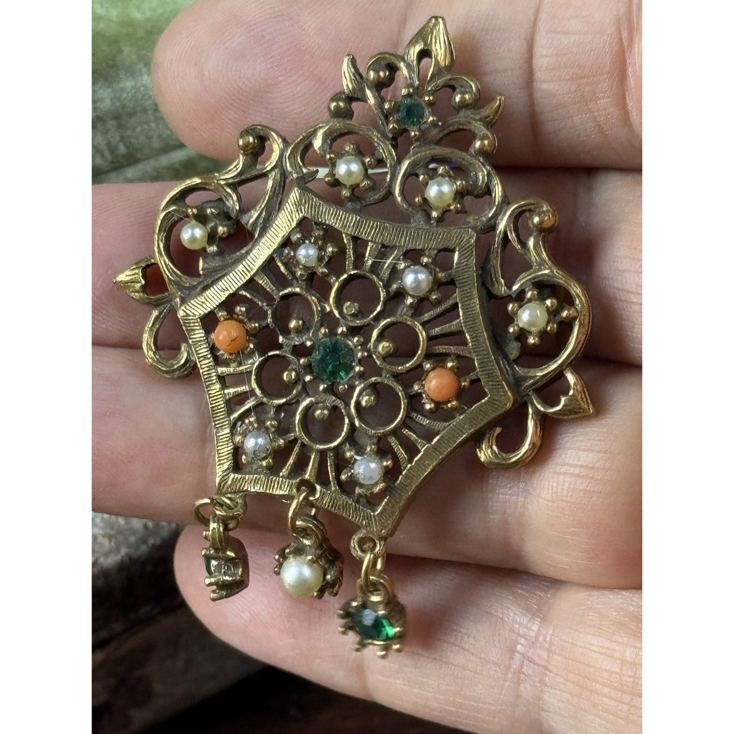 Vintage Jeweled Goldtone Brooch Faux Pearls Green Rhinestones Dangles 2.25”