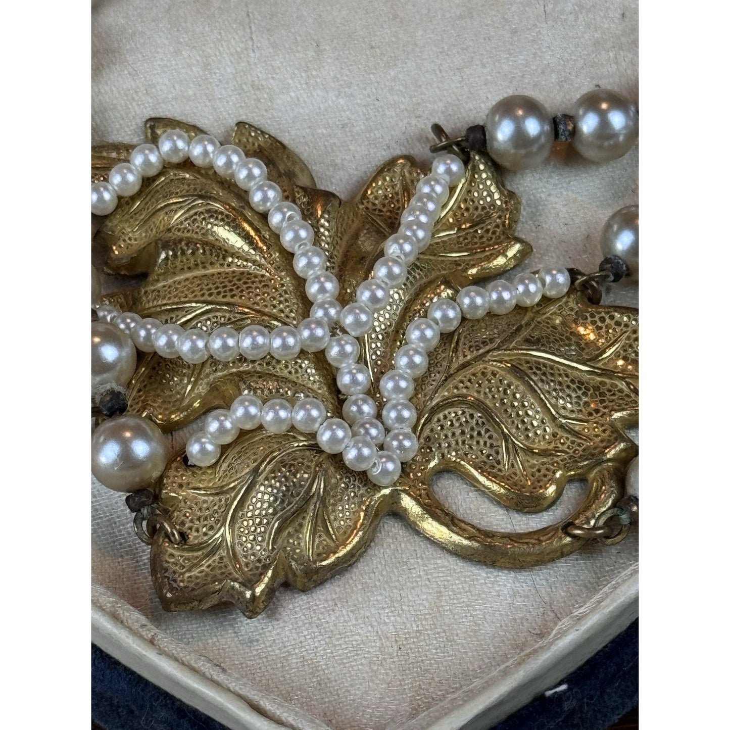 Miriam Haskell Choker Necklace 4 Strand Faux Pearl Goldtone Leaf 18” READ‼️