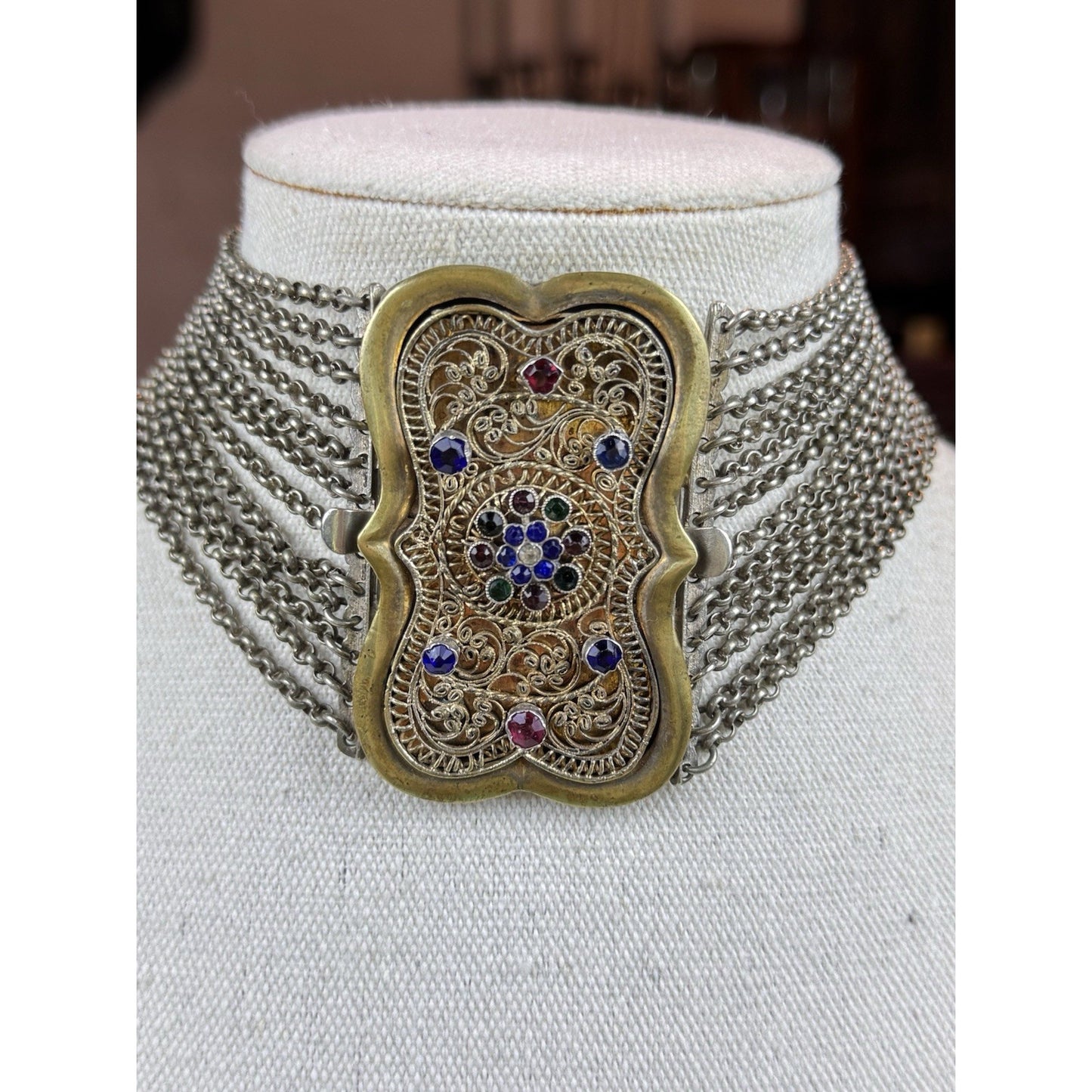 Vintage Trachten Choker Necklace 12 Strand Rhinestone Filigree Brass 13”