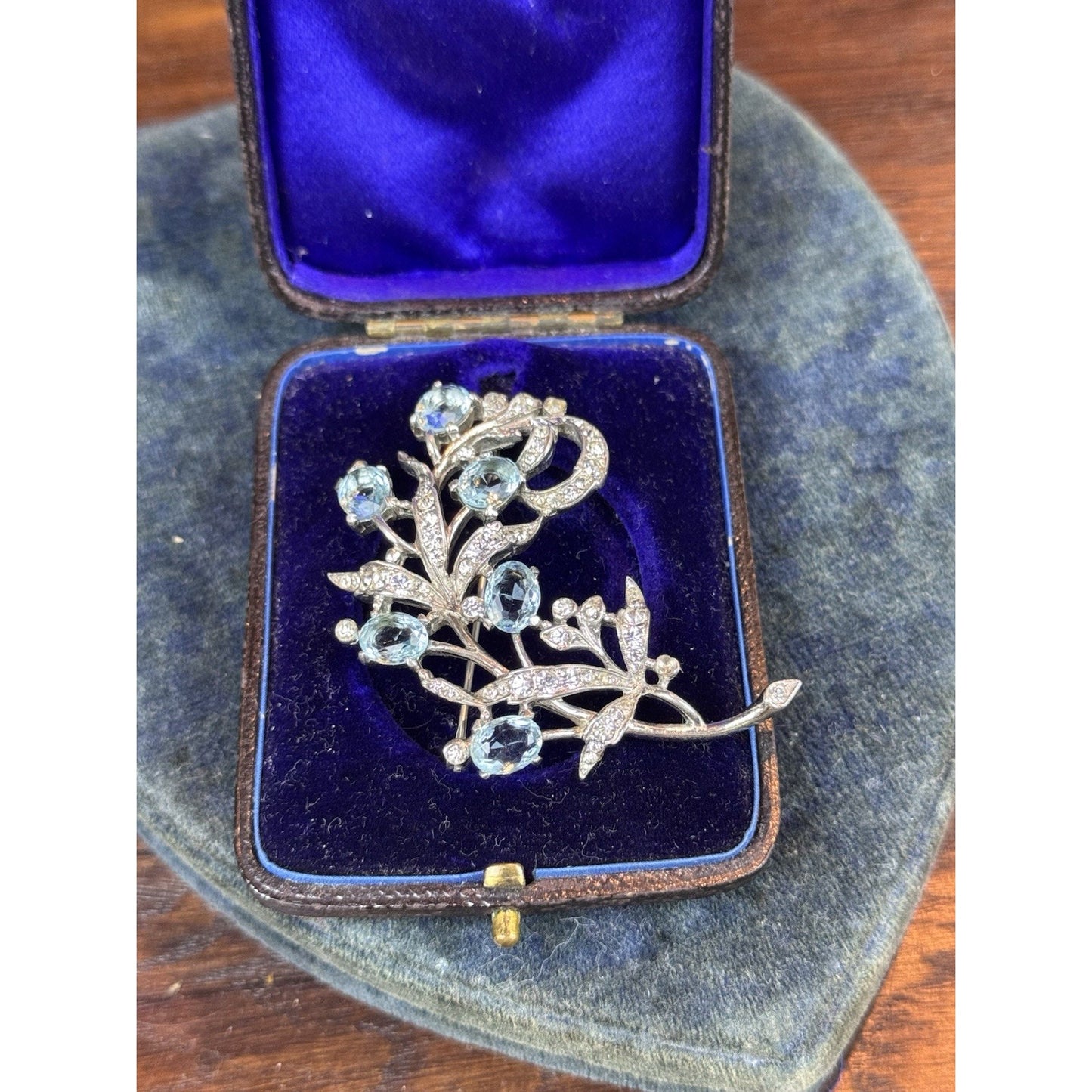 Vintage Trifari Sterling Brooch Aqua Blue Clear Rhinestone Floral Spray 2”