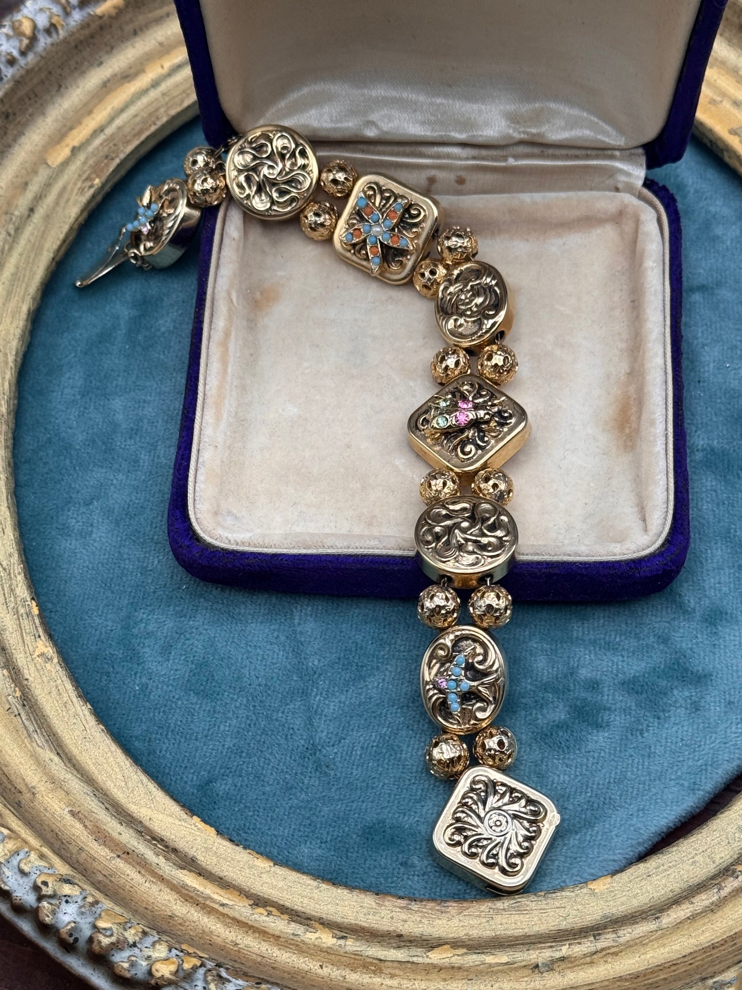 Victorian Revival Goldtone Slide Bracelet 7.5” Ornate Panel