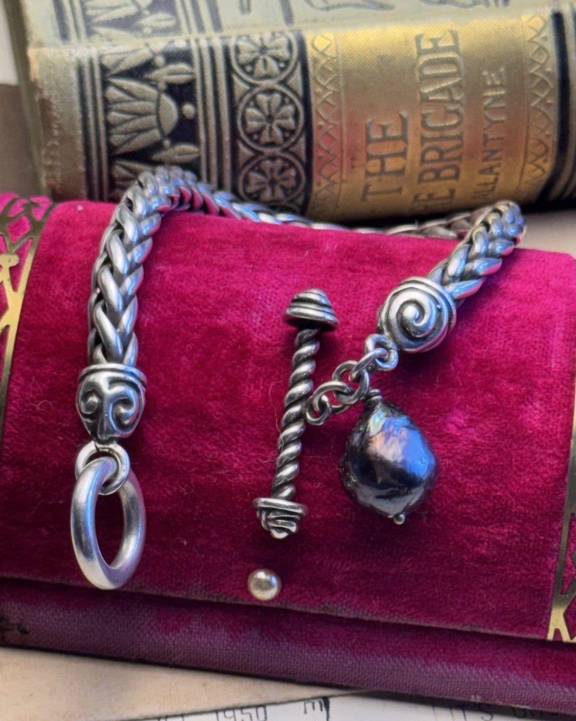 ZINA Sterling Bracelet Braided Chain 925 Toggle Black Baroque Pearl 6.75”