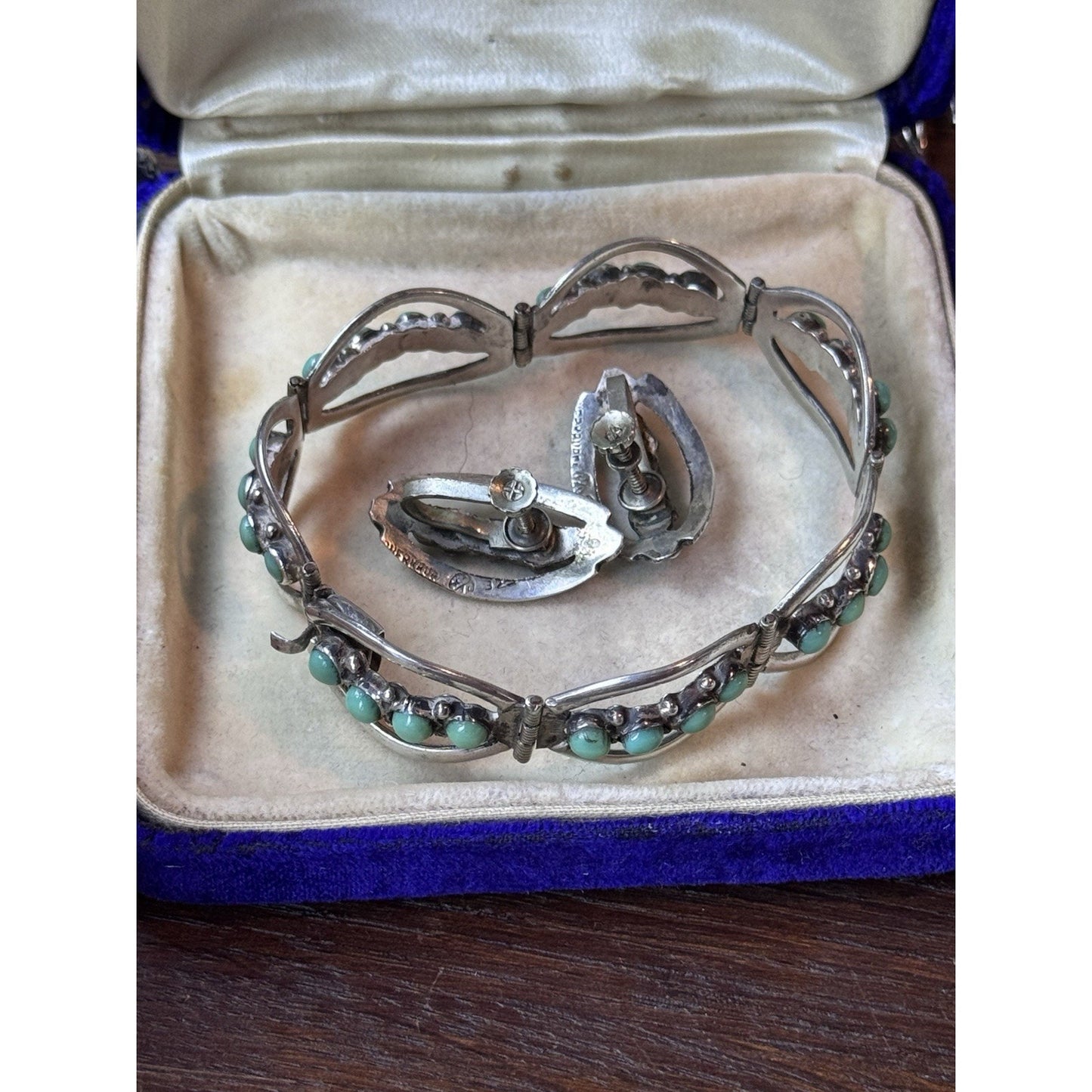 925 Bracelet Earrings Set Sterling Silver Green Cabochons Handmade ARTISAN