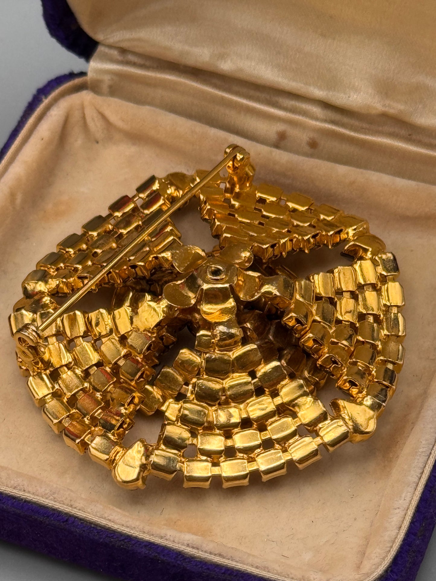 Vintage Topaz Rhinestone Brooch Goldtone Layered Statement Pin 2.5” Large