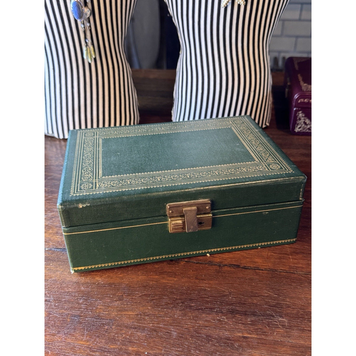 Vintage Green Jewelry Box Gold Scrollwork Pink Velvet Swing Trays 10.25”