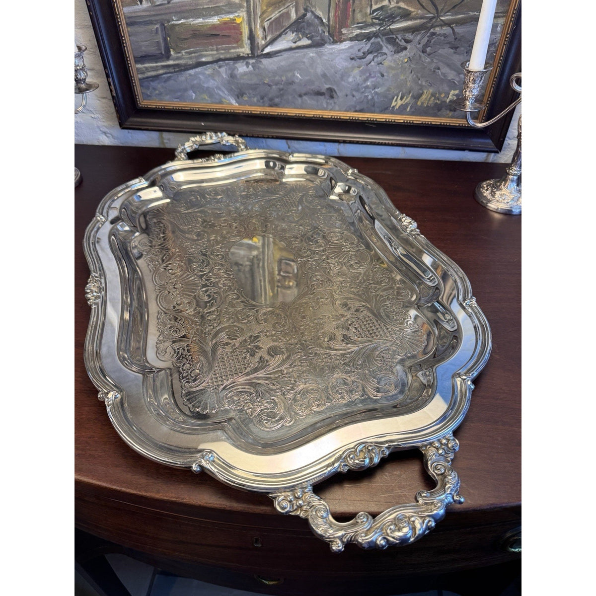 LARGE Silverplate Tray Sheffield Reproduction 31” Chased Ornate Handles