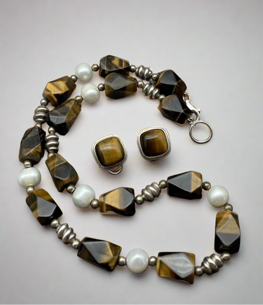 Vintage Tiger Eye 925 Sterling & Pearl Necklace With Earrings