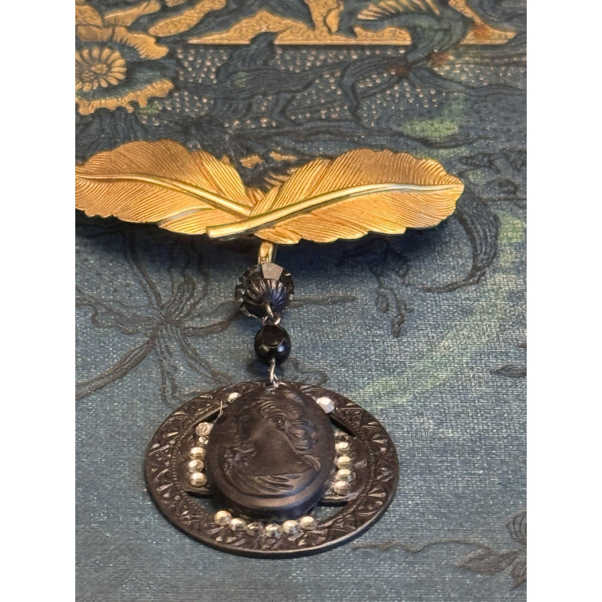 Cameo Brooch Gold Filled Hook Black Rhinestone Pendant Vintage 2.25” x 1.75”