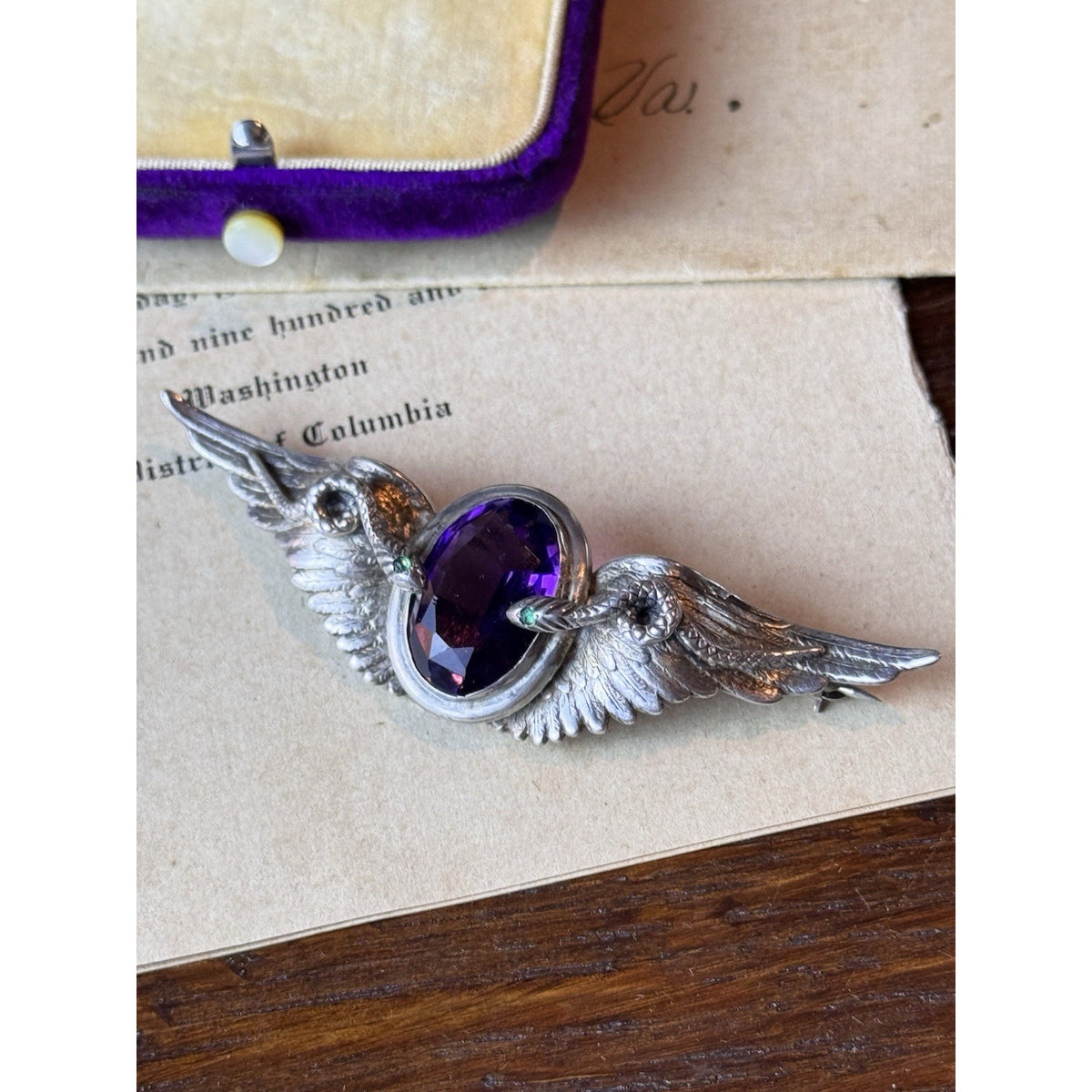 Sterling Isis Brooch Egyptian Revival Purple & Green Stones 3” x .75”