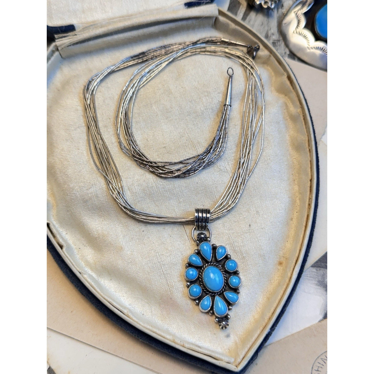 L GANADO Sterling NAVAJO Turquoise Pendant Signed Waterfall Necklace 17.5”