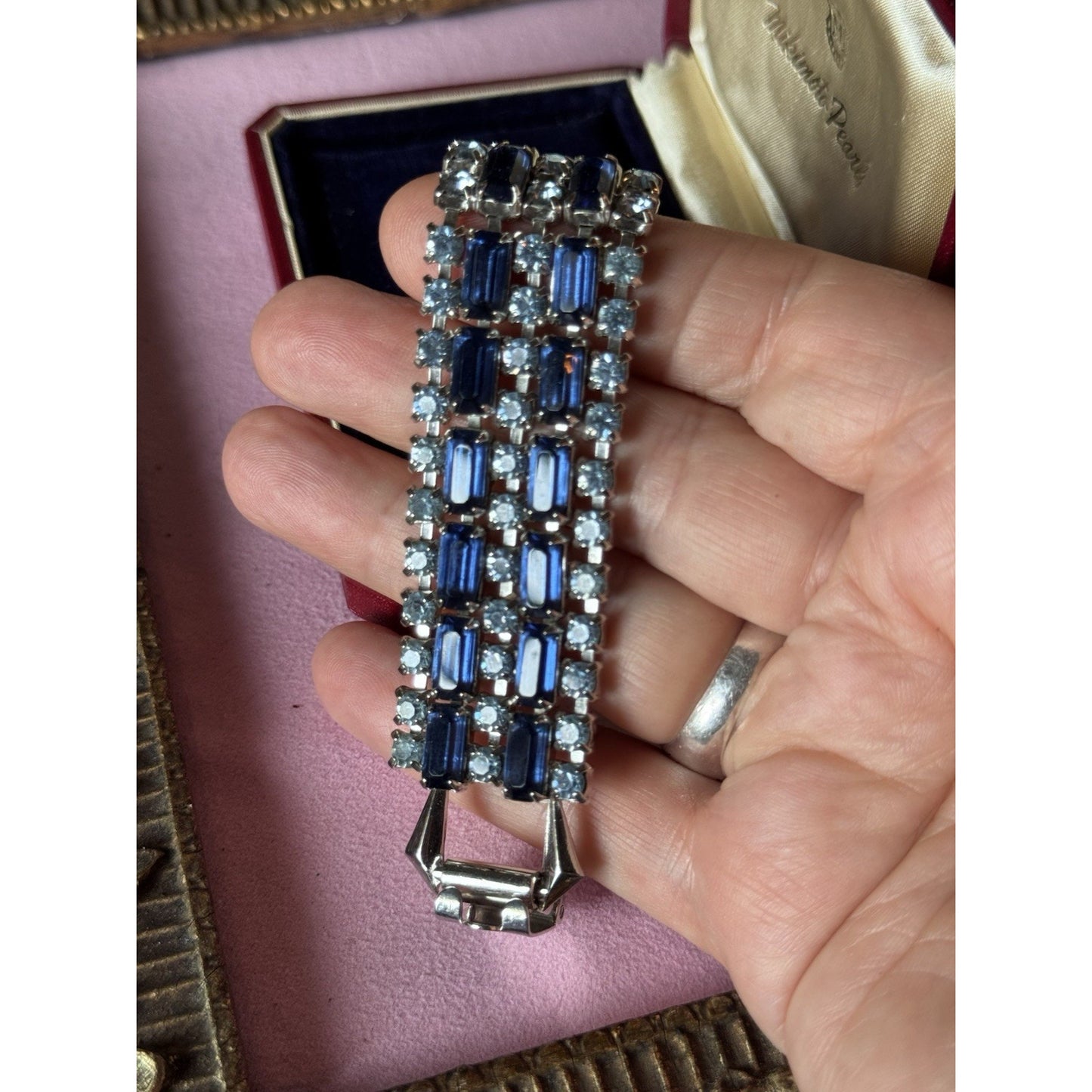 Vintage Bracelet Blue Rhinestone 5 Rows-3 Ice Blue 2 Dark Blue Silvertone 6”