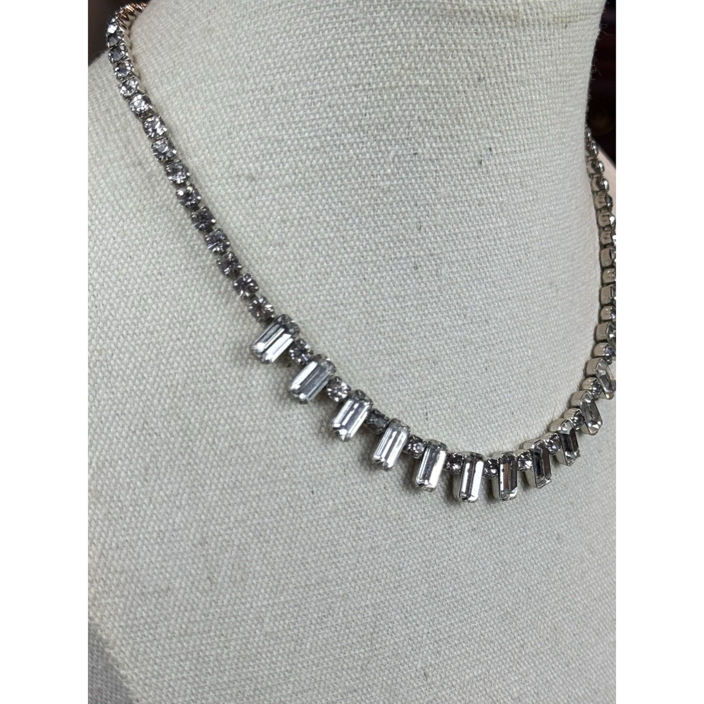 Vintage WEISS Necklace Clear Rhinestone Baguette Fringe – Signed – Circa 1950s