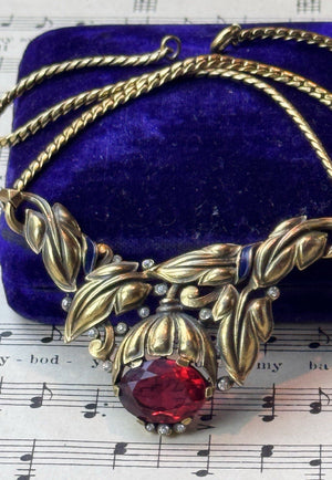 Vintage Trifari Alfred Philippe Bell Flowers Necklace Ruby Red Glass 16.5”