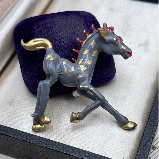 Vintage Horse Brooch Hand Painted Gray Red Gold Enameled Figural Equestrian