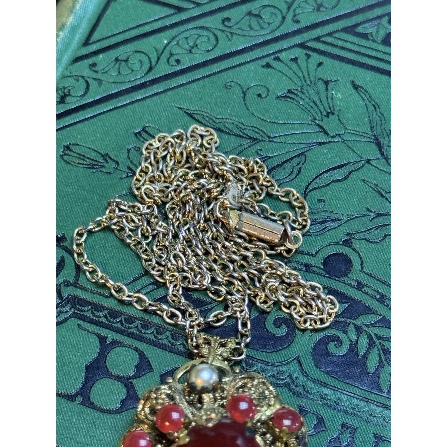 Vintage Filigree Brooch Pendant Necklace Red Art Glass Faux Pearl Dangle 27.5”
