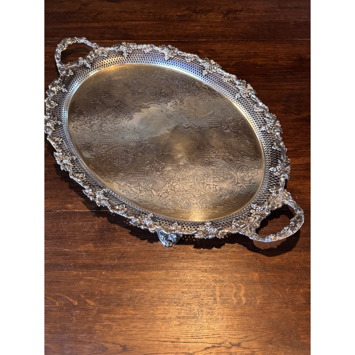 Antique Sheffield Silverplate Oval Serving Tray Footed Reticulated 28” Handles