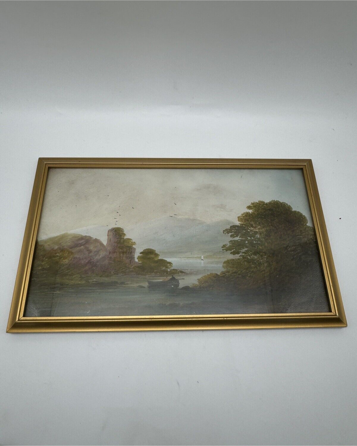 Vintage Small Oil Landscape On Board Framed Behind Glass Circa 12” X 7.5”