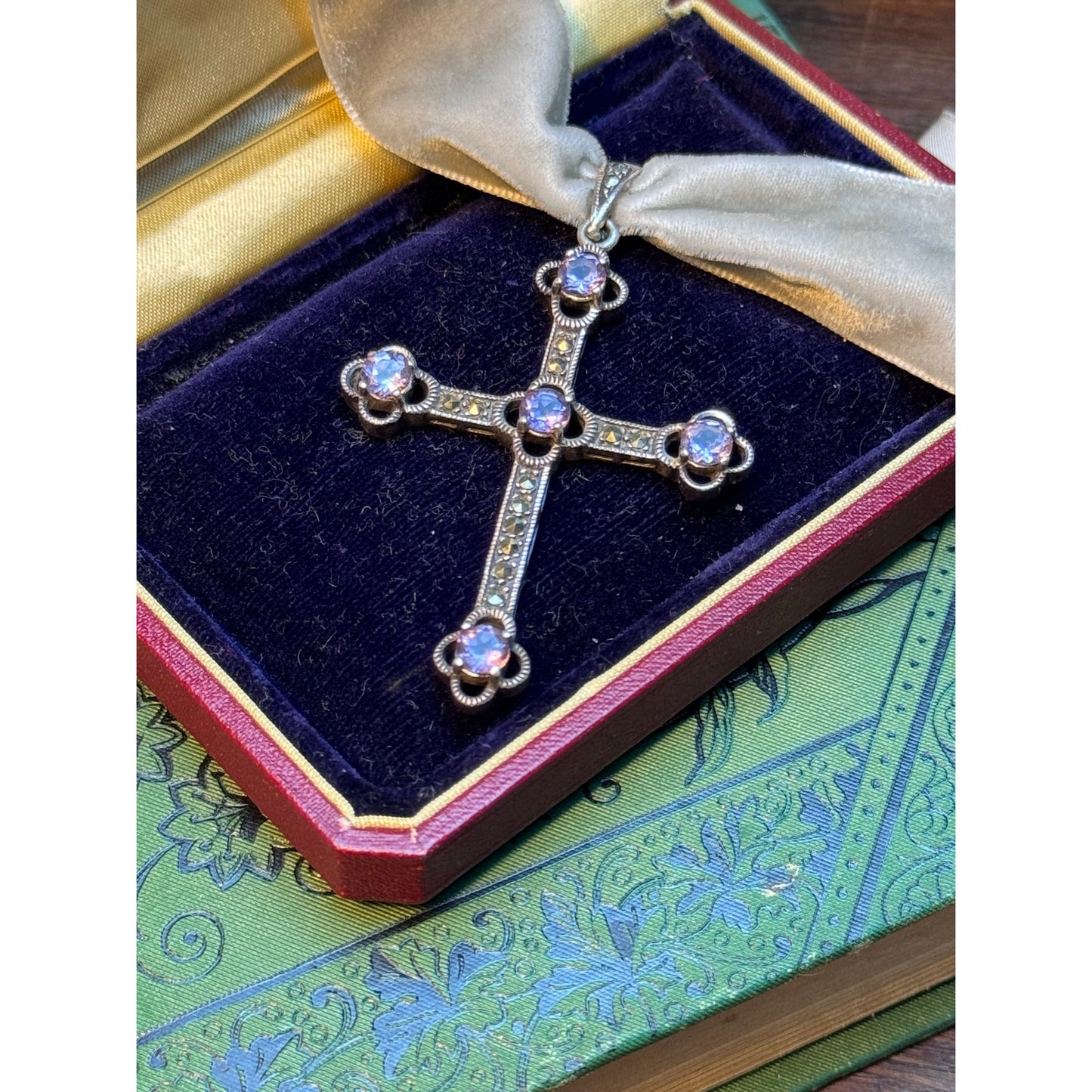 Antique Style Cross Pendant Marcasite Purple Glass Rhinestone Silver Tone 2"