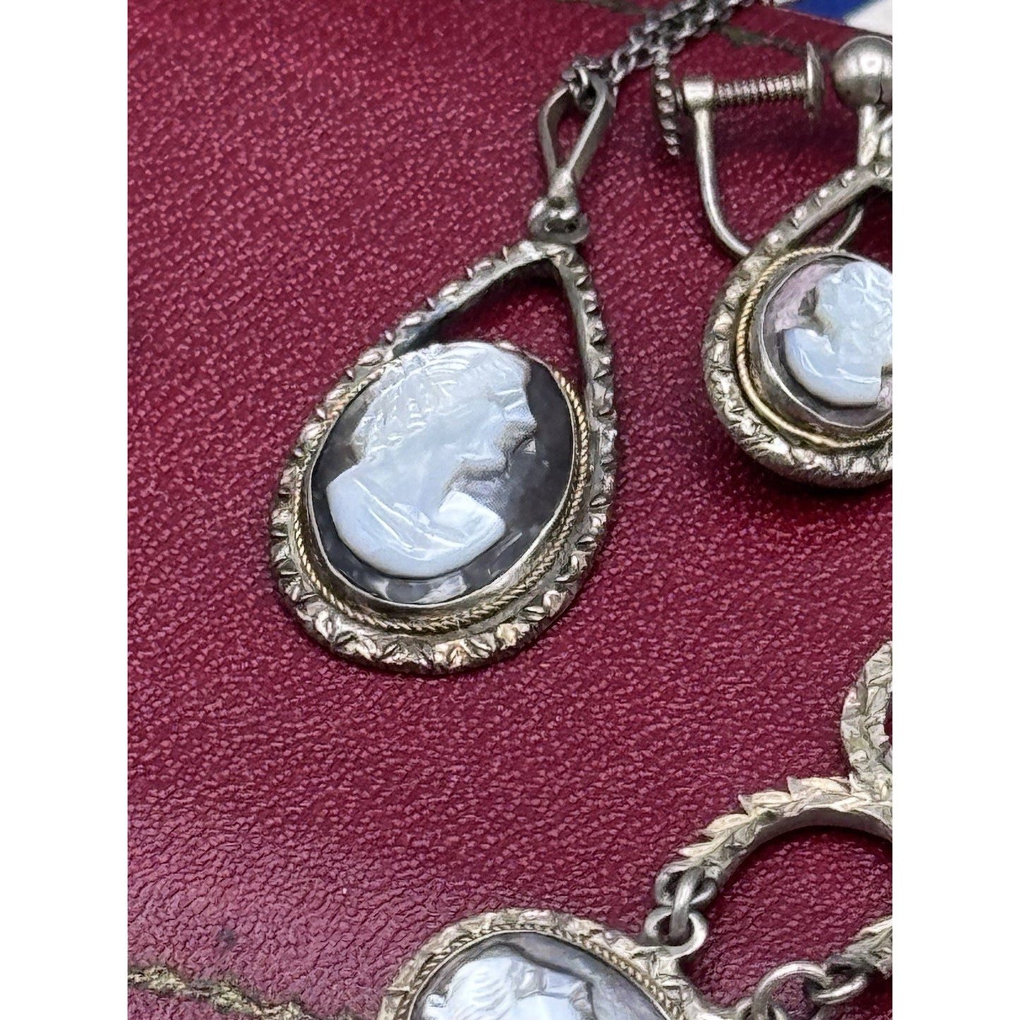 VINTAGE Cameo Parure 800 Silver Abalone MOP Bracelet Earrings Necklace