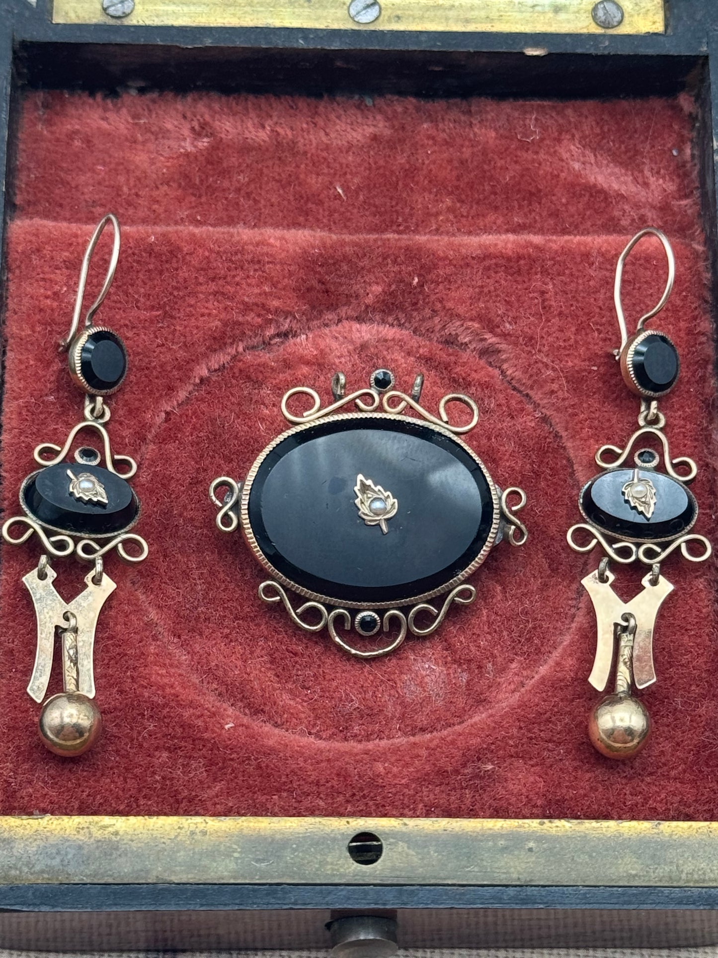 Victorian Gold-Filled Onyx & Seed Pearl Brooch & Earrings Set - Mourning