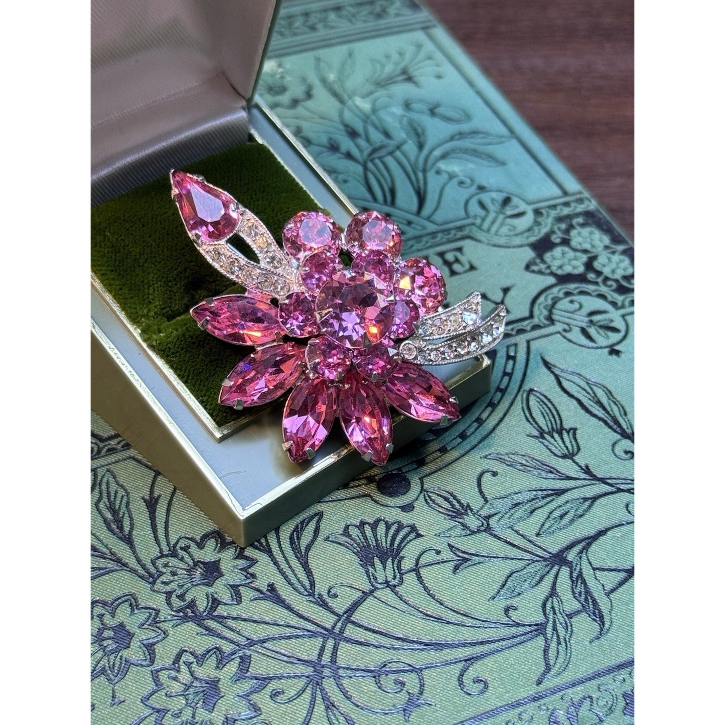 Eisenberg Ice Pink Rhinestone Floral Brooch Silver Tone Vintage Signed 2.5”