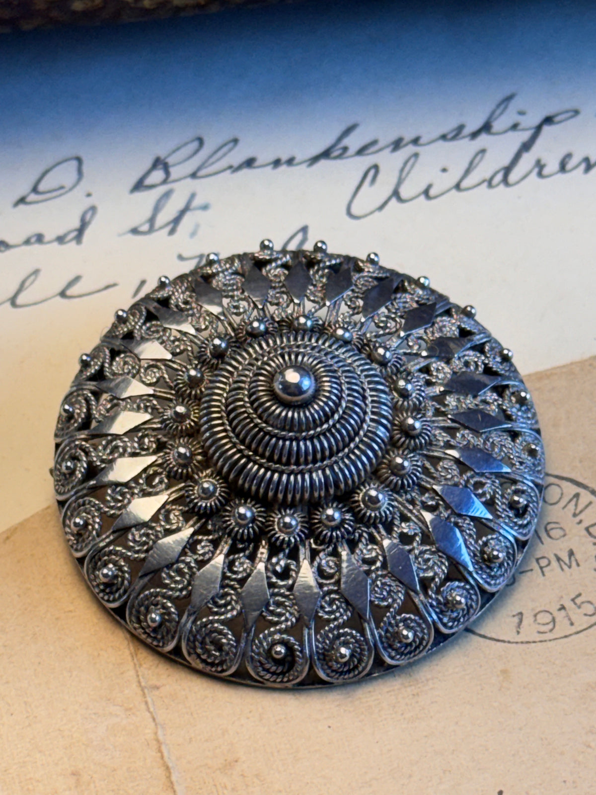 Silver Dutch Zeeland Button Brooch Zeeuwse Knoop Filigree Trombone Clasp 2”