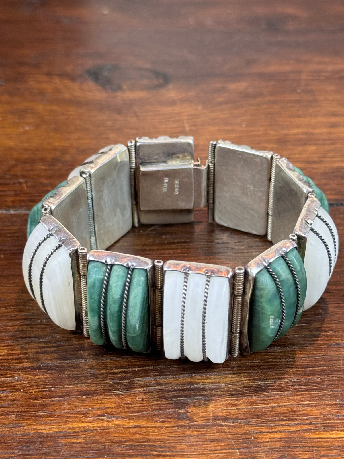 Vintage Silver Bracelet Earrings Mexico Green White Stone Articulated Set
