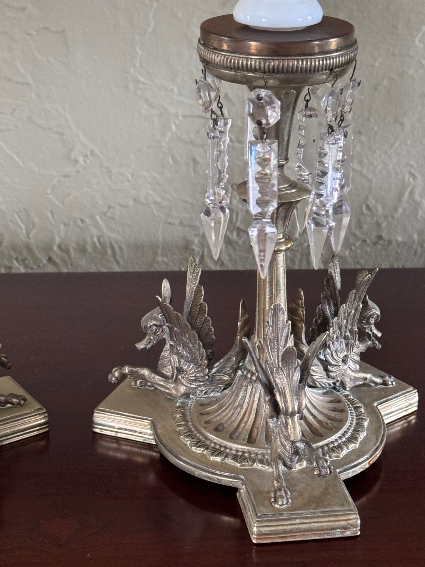 Antique Griffin Glass Epergne Vases Candlesticks Crystal Prisms Pair 18” RARE PAIR!!!