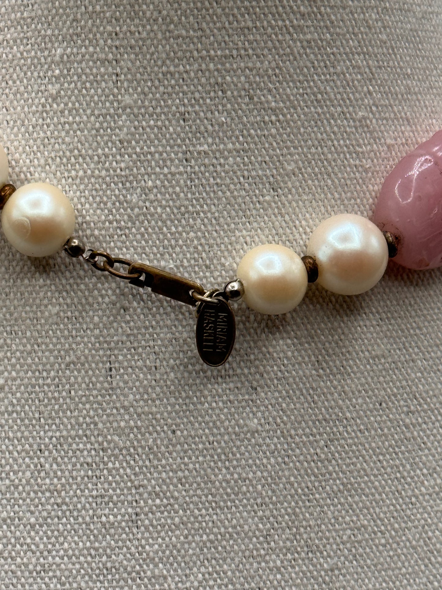 Signed Miriam Haskell Pink Art Glass & Faux Pearl Beaded Necklace