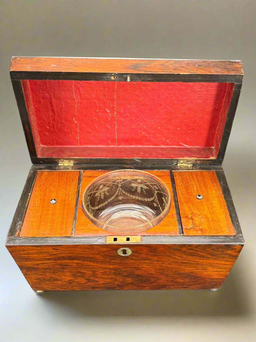 Antique Sarcophagus ENGLISH Style Tea Caddy Glass Mixing Bowl Wood ESTATE FIND No Key