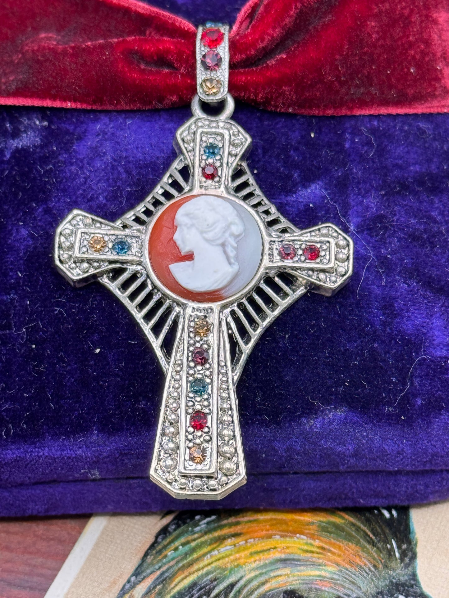 Vintage Cross Pendant Silvertone Cameo Rhinestone 2.25” Heirloom Style