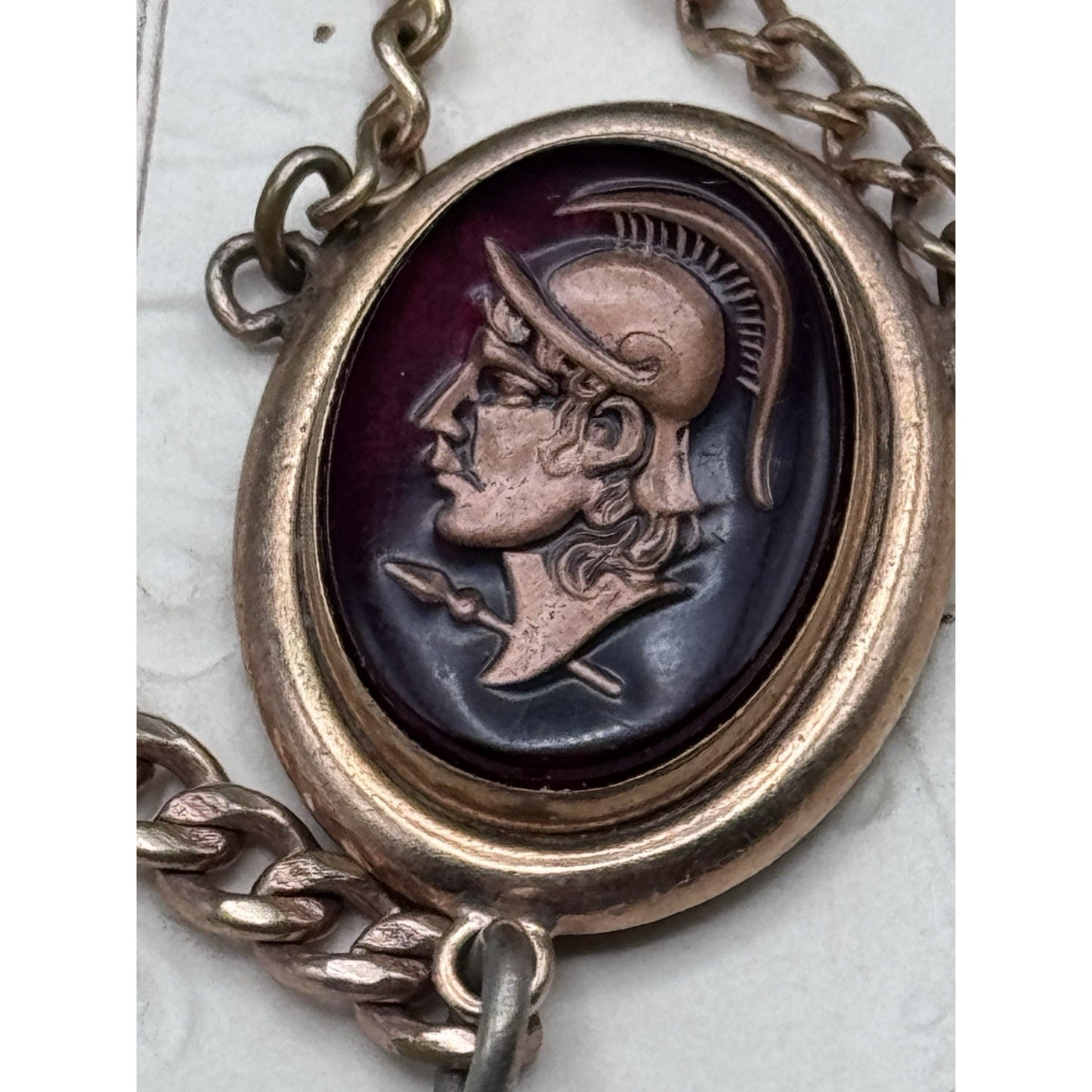 Vintage Rose Goldtone Watch Chain with Roman Centurion Faux Intaglio Pendant