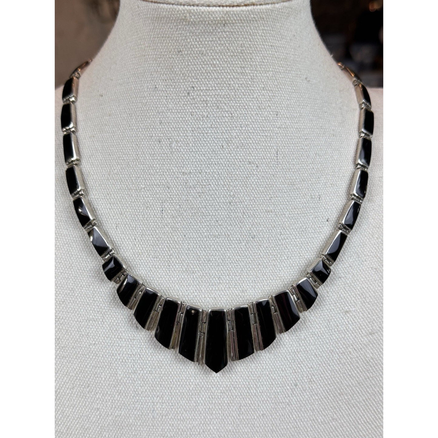 Vintage 950 Silver Necklace Taxco Mexico TD-107 Black Onyx Modernist 18”