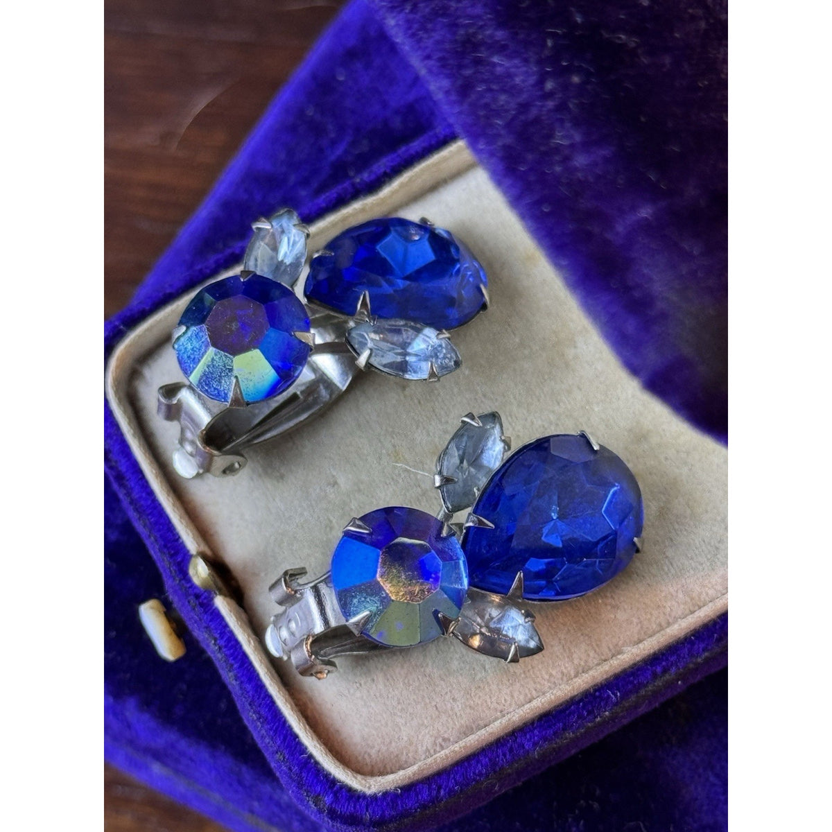 Silvertone Earrings Beau Jewels Blue Rhinestone AB Clip On Vintage 1.25” x .75”