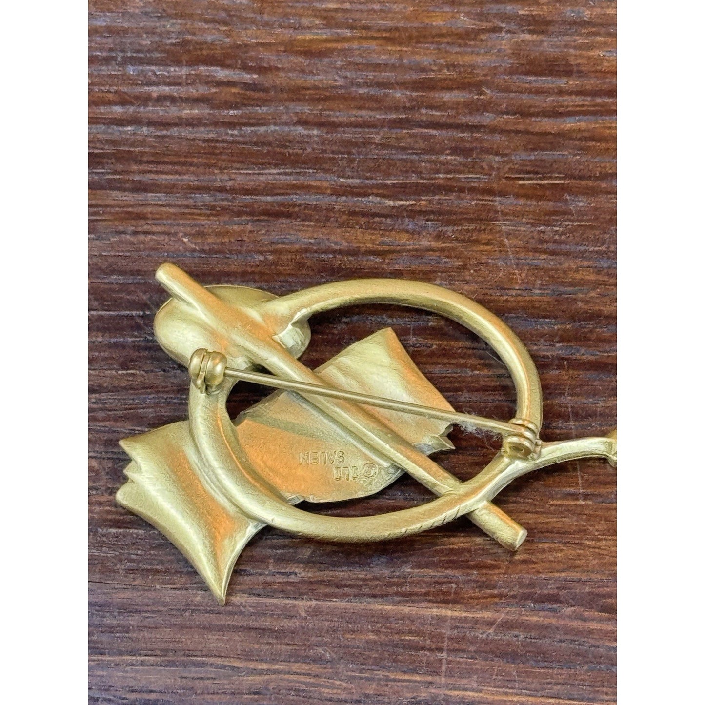 Vintage Brooch Goldtone French Horn Sheet Music Signed Old Salem 2”
