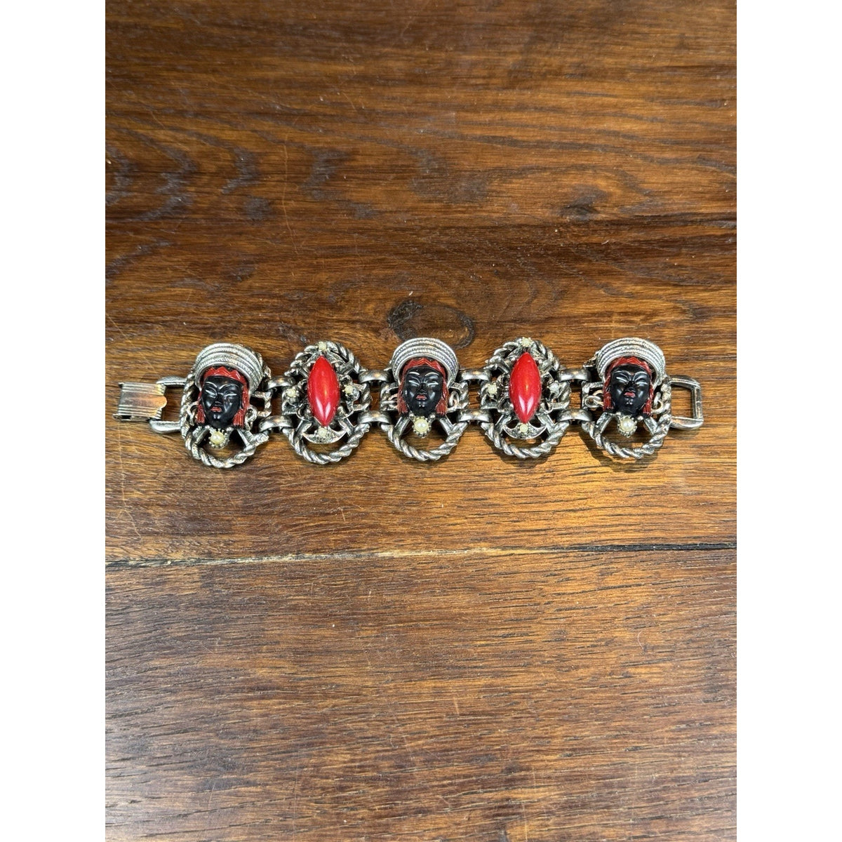 Vintage Selro Selini Bracelet Asian Princess Red Cabochon Faux Pearl 6”