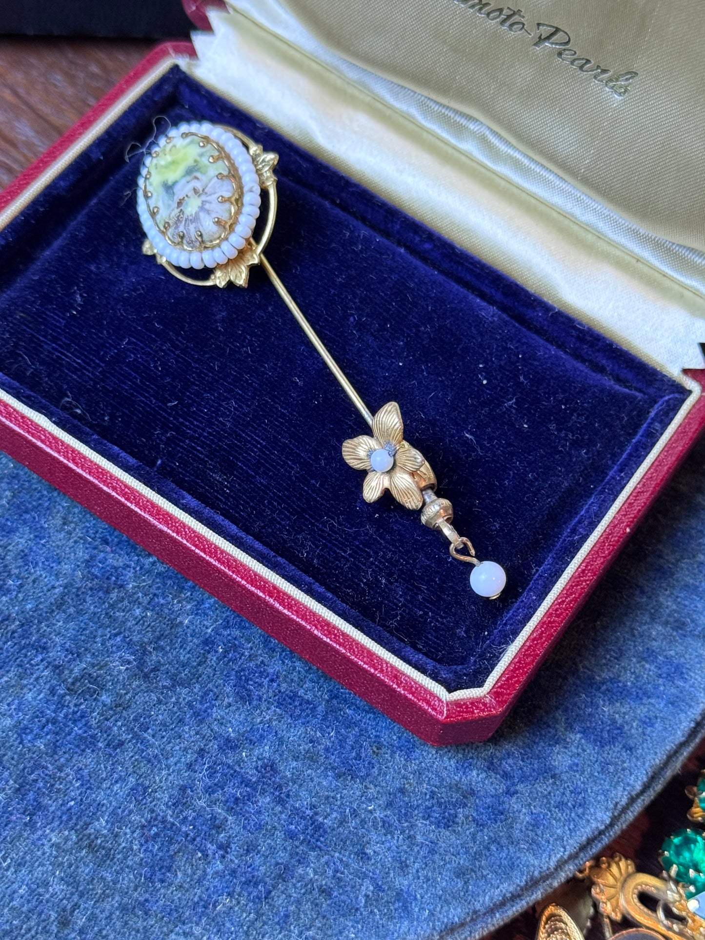 Vintage Miriam UNSIGNED Haskell Style Stick Pin Hand Painted Glass Cameo Beaded 3”