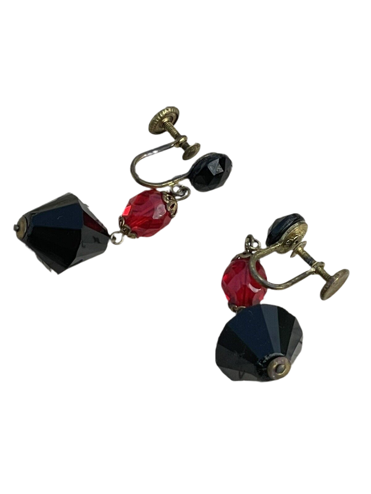 Vintage Black & Red Tear Drop Bead Earrings Screw Back West GERMANY