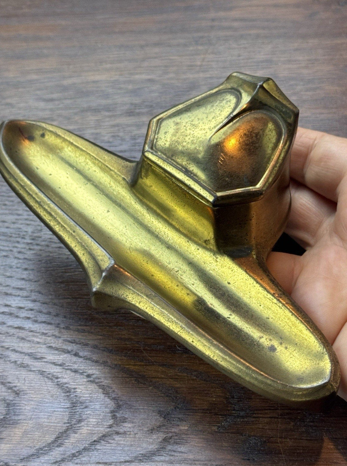 Antique Art Deco Brass Tone Ink Stand Inkwell Pen Tray 6.5” Desk Accessory