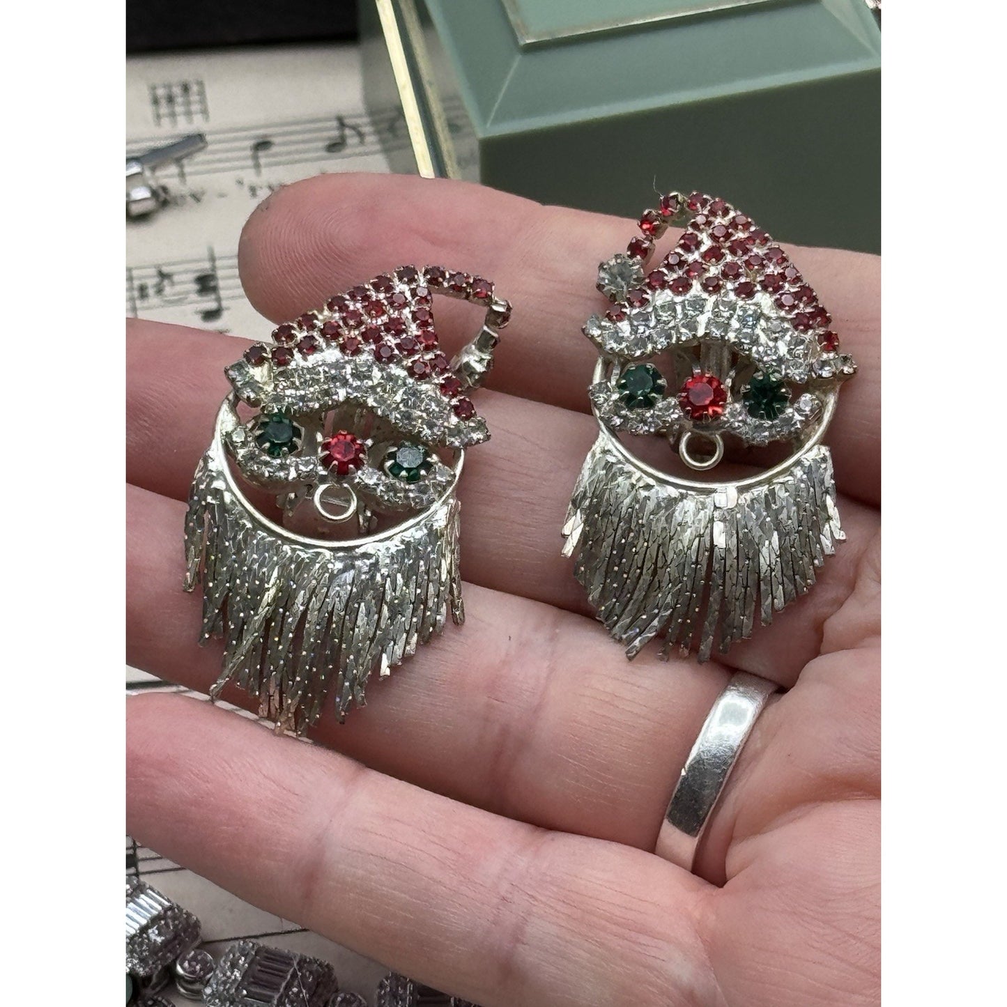 Vintage Santa Clip On Earrings Red Green Clear Rhinestone Fringe Beard