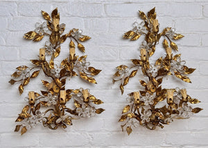 Maison Bagues Style Gilt Tole Wall Sconces Pair 6 Light Crystal Flowers Bow 27”