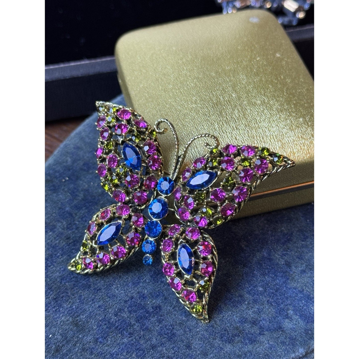 Vintage Butterfly Brooch Pink Blue Green Rhinestones Openwork Goldtone Large