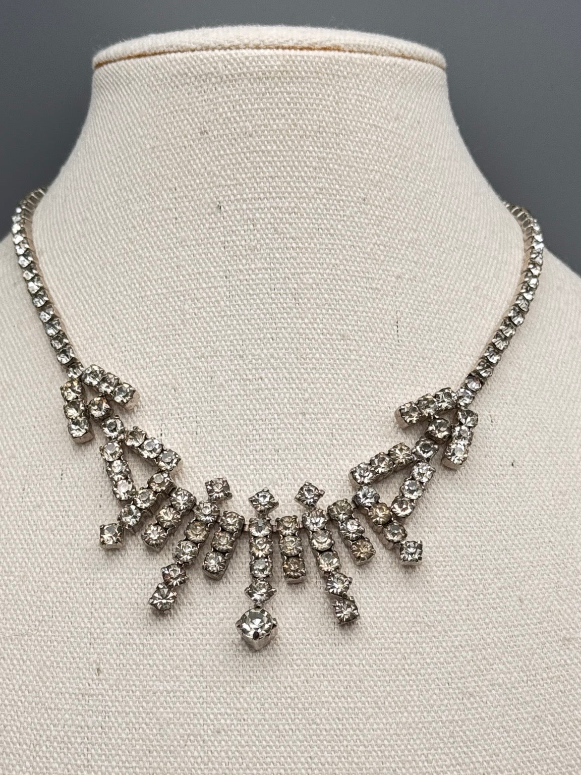 Kramer Rhinestone Necklace Signed 15.5” Vintage Silver Tone Fringe Bib