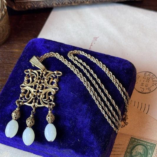 Goldtone Pendant Necklace Green Glass Bead Filigree Dangle 22” VINTAGE