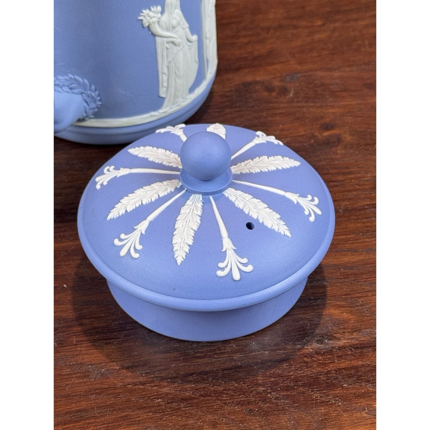 Vintage Wedgwood Jasperware Blue Dip Lidded Pitcher 6.5”