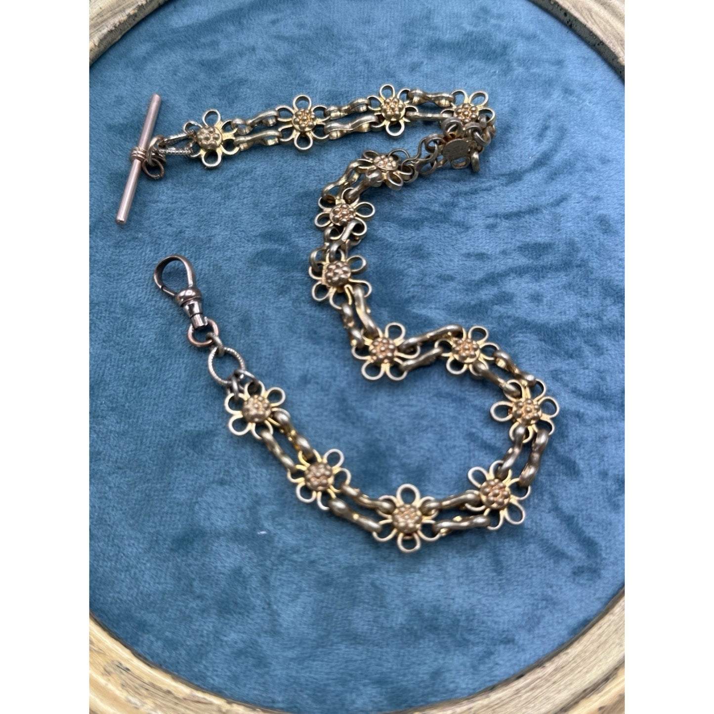Antique Victorian Floral Link Watch Chain Rose Gold Filled T Bar Dog Clip