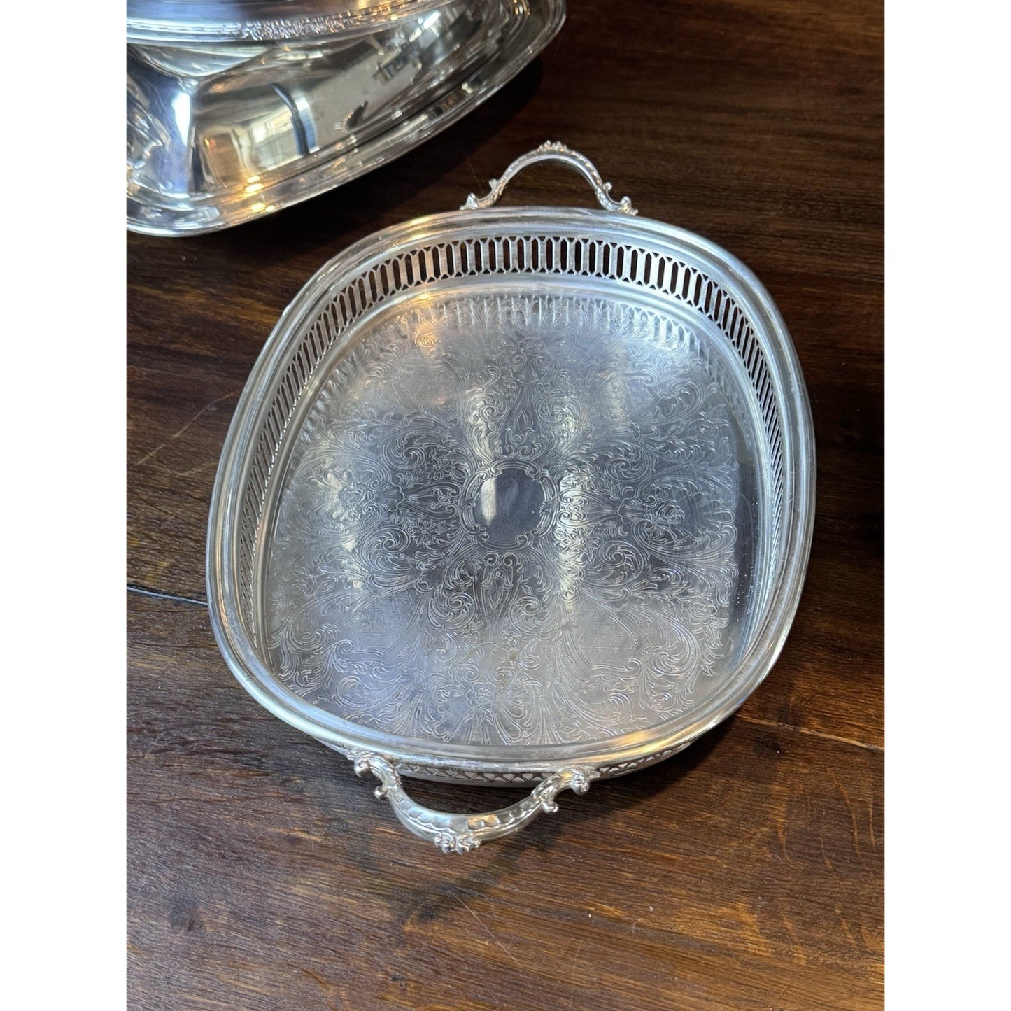 Silverplate Gallery Tray Footed Handled Wallace Ornate Serving Vanity 14”