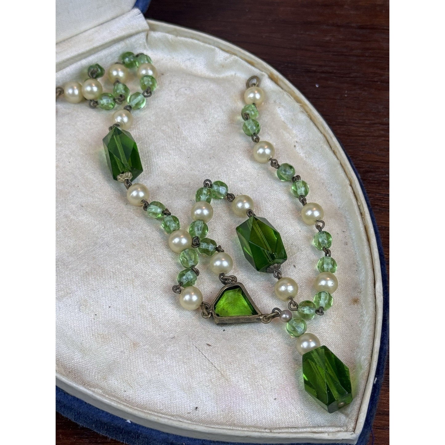 Vintage Czech Style Glass Necklace Green Crystal Faux Pearl Lavalier 17”